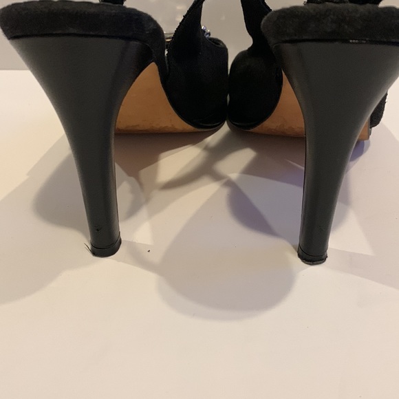 Beverly Feldman Linen/Leather Platform Slingback Heel Faux Diamond Stone Size 8 - Picture 3 of 6